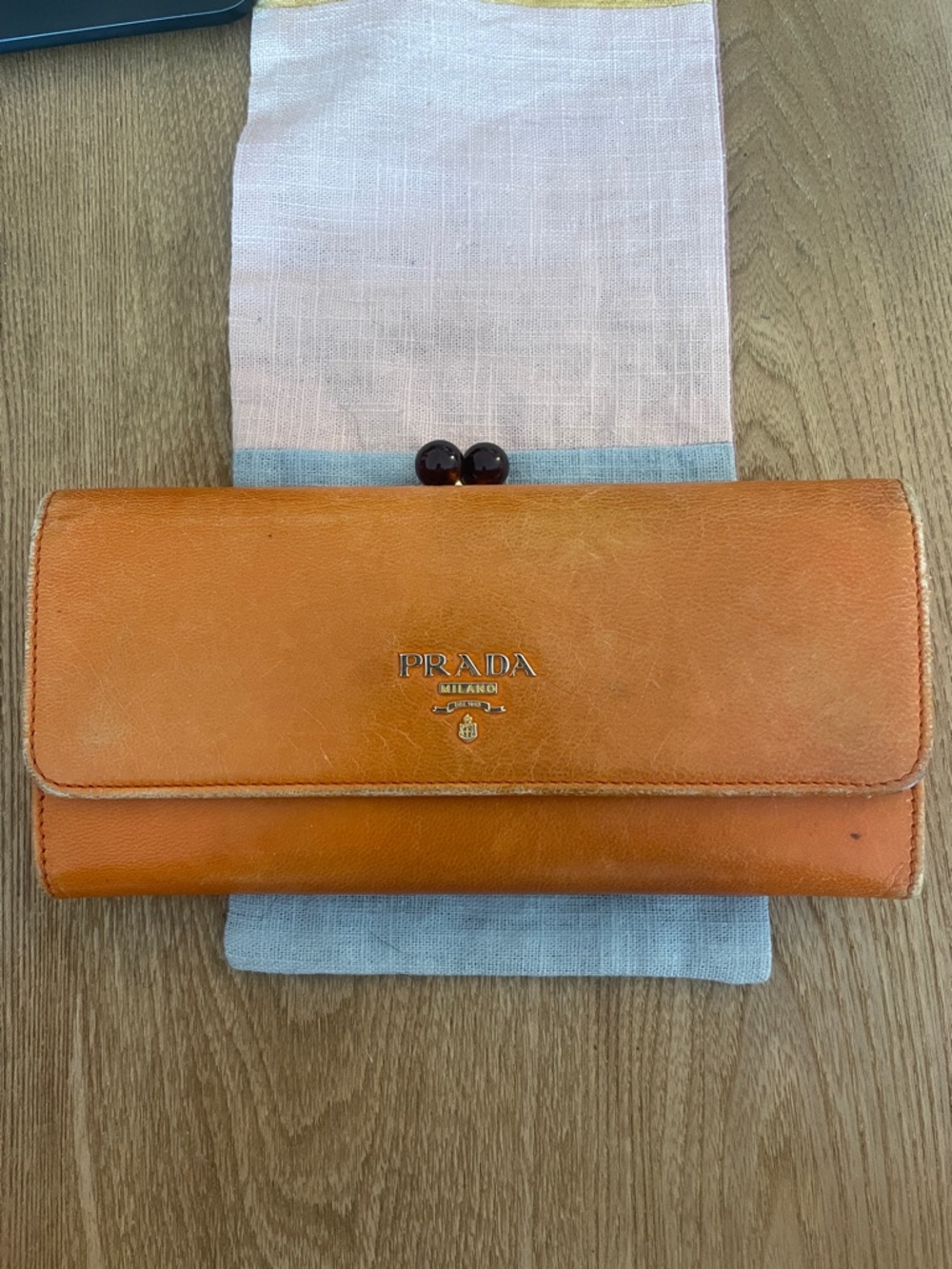 Prada Orange Leather Continental Wallet Gold Logo Zip Clutch - Picture 5 of 14